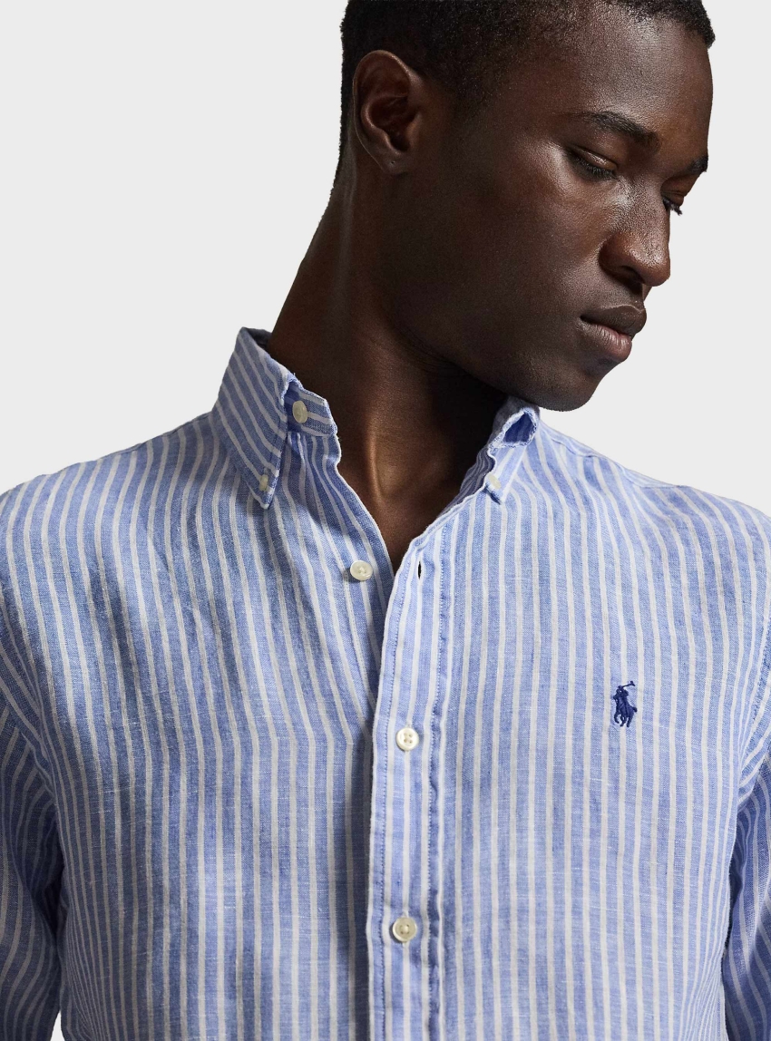Polo Ralph Lauren Custom Fit Striped Linen Shirt - Striped Light Blue