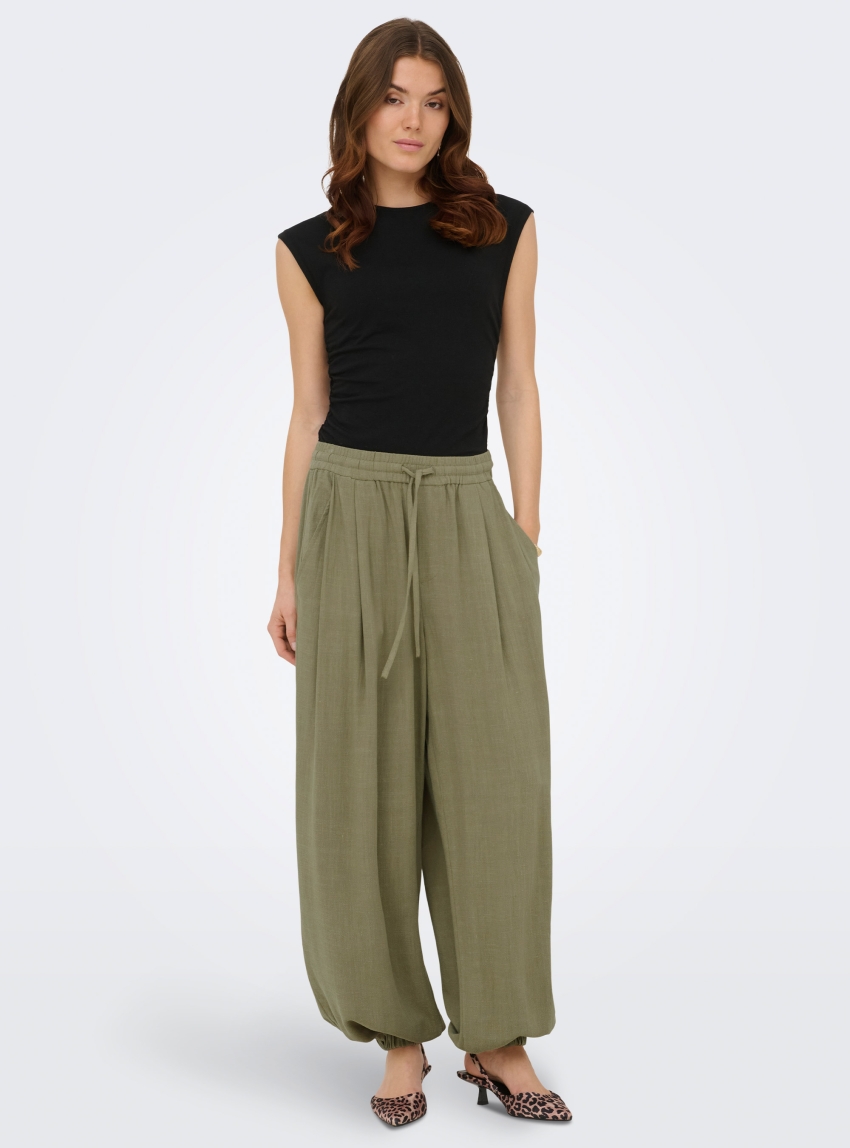 Only Siesta Mid Waist Linen Baggy Barrel Pants - Olive 