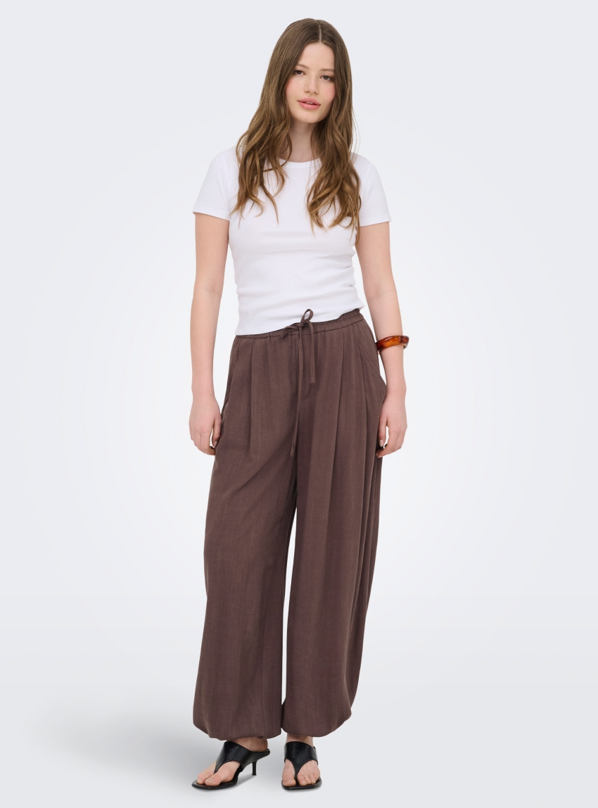 Only Siesta Mid Waist Linen Baggy Barrel Pants - Brown