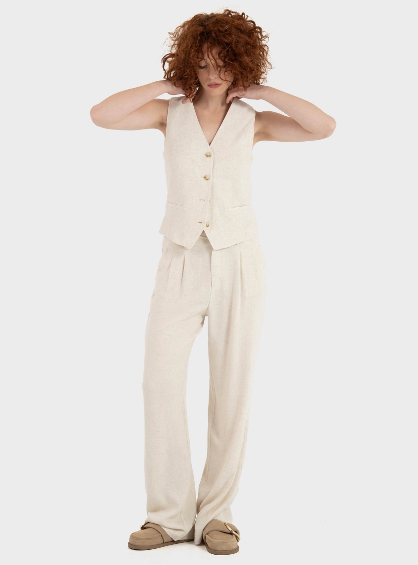 Only Siesta Mid Waist Linen Blend Pleat Wide Pants - Off White