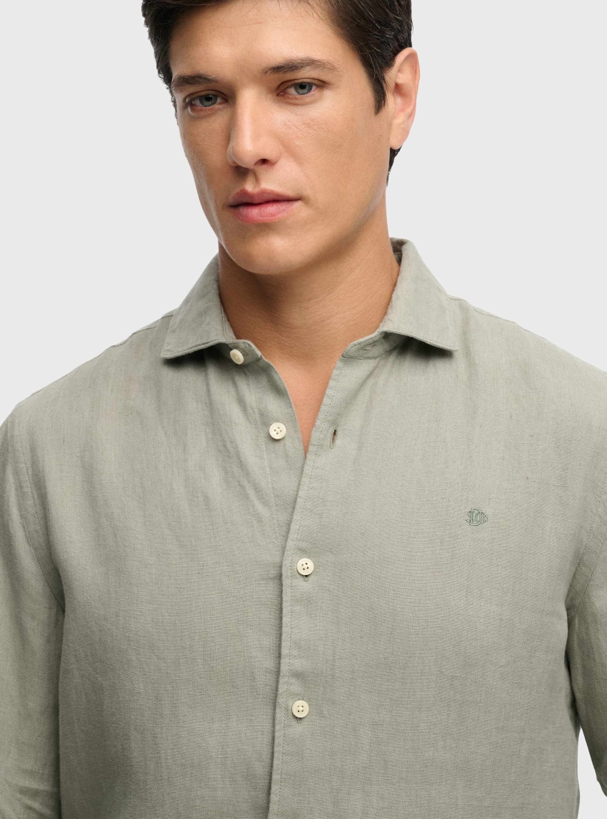 Superdry Riviera Long Sleeve Linen Shirt - Light Olive