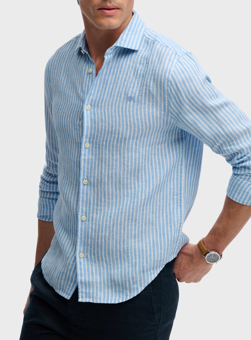 Superdry Riviera Long Sleeve Linen Shirt - Striped Blue