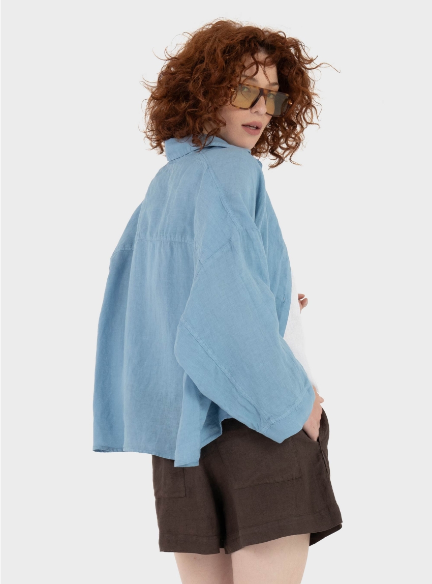 Black & Black  Relaxed Linen Shirt - Light Blue