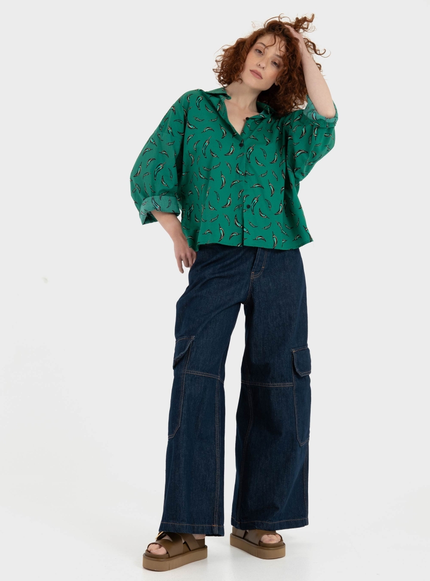Black & Black  Three-Quarter Sleeves Shirt - Green
