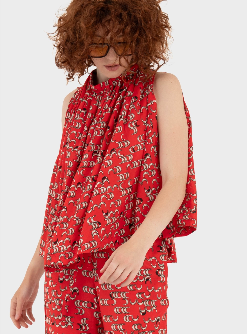 Black & Black  Draped High-Neck Top - Red
