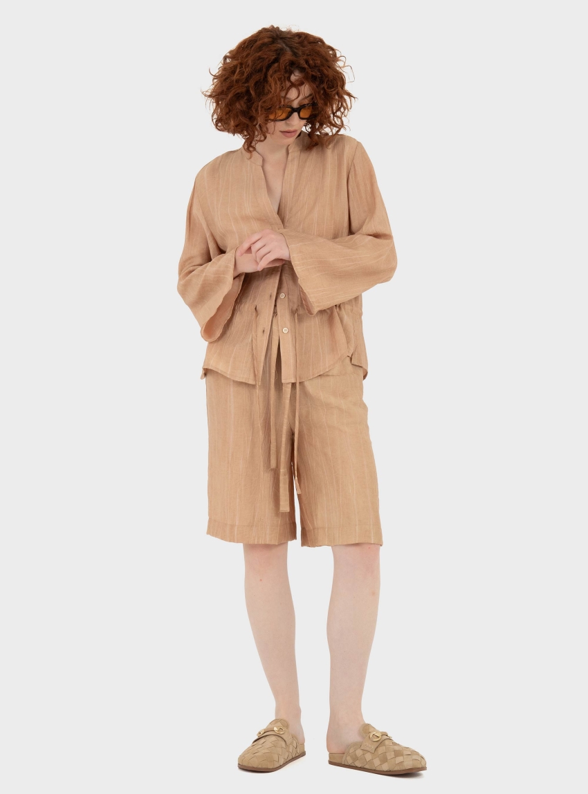 Black & Black  Drawstring Waist Shirt - Light Brown