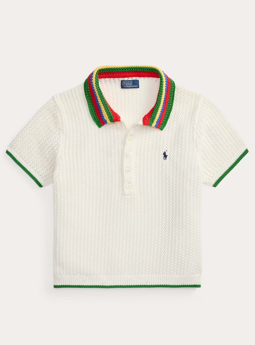Polo Ralph Lauren Striped-Collar Pointelle Polo Shirt - White