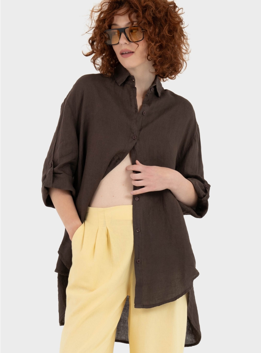 Black & Black  Linen Shirt - Brown