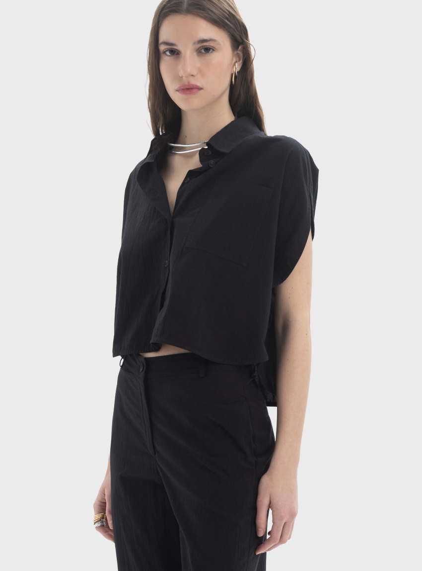 Black & Black  Cropped Shirt - Black