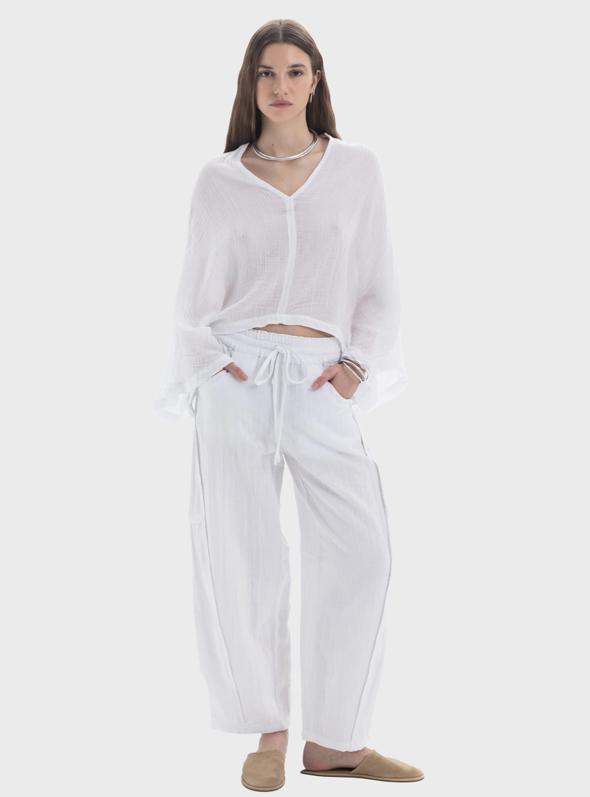 Black & Black  Sheer V-Neck Blouse - White