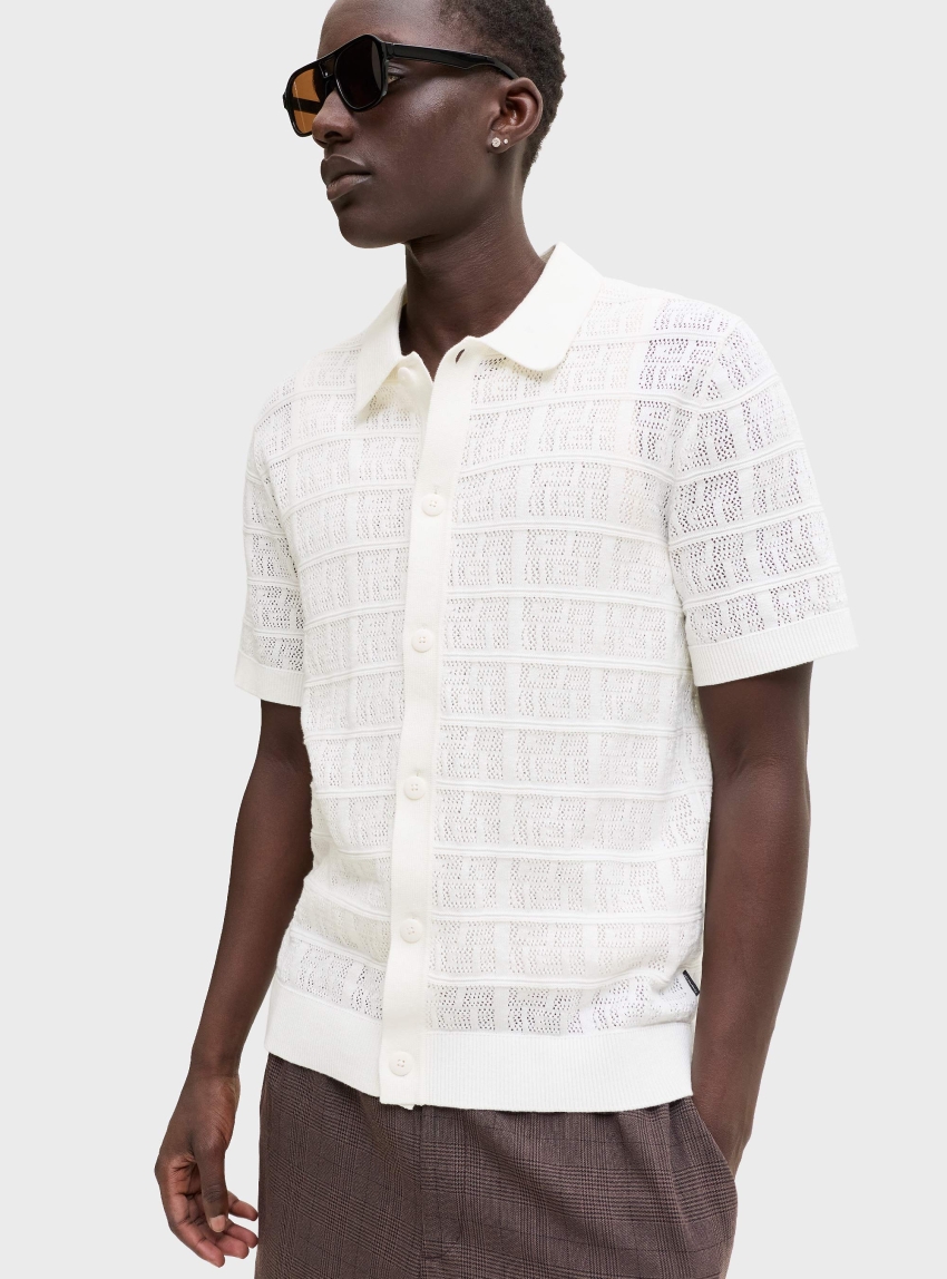 Jack & Jones Premium Palmer Knit Button Through Polo Shirt - White