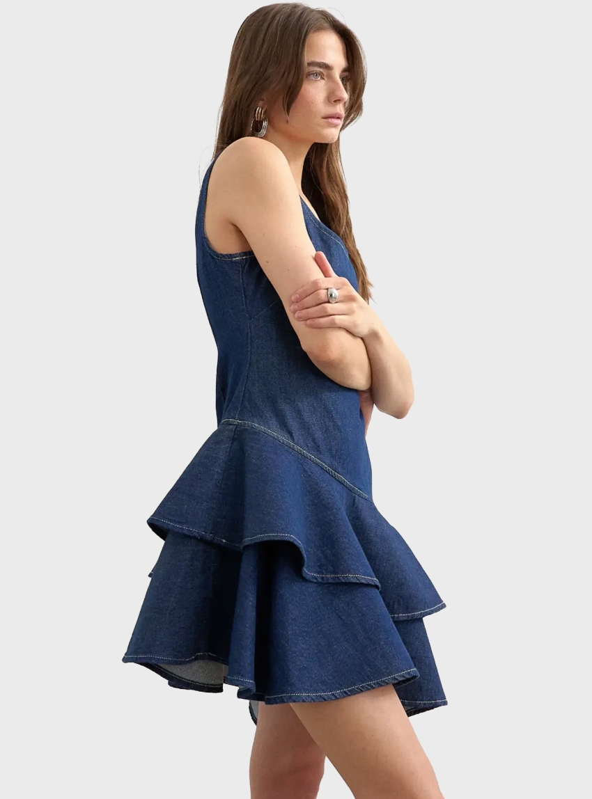Topshop Tsannie Denim Ruffle Dress Blue - Dark Aged Denim
