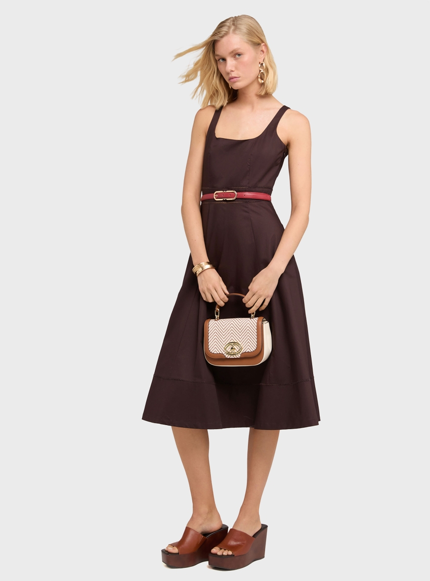 Motivi Flare dress in poplin with ajouré - Brown