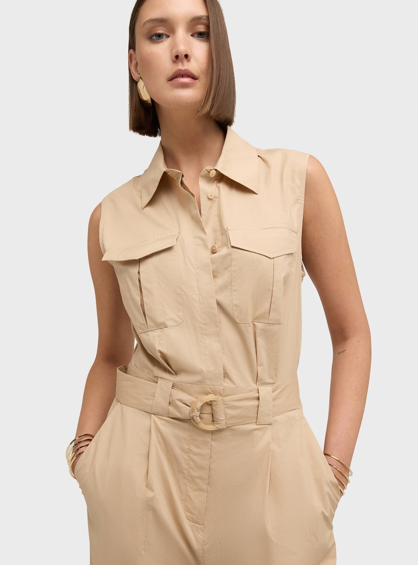 Motivi Long poplin jumpsuit with belt - Beige