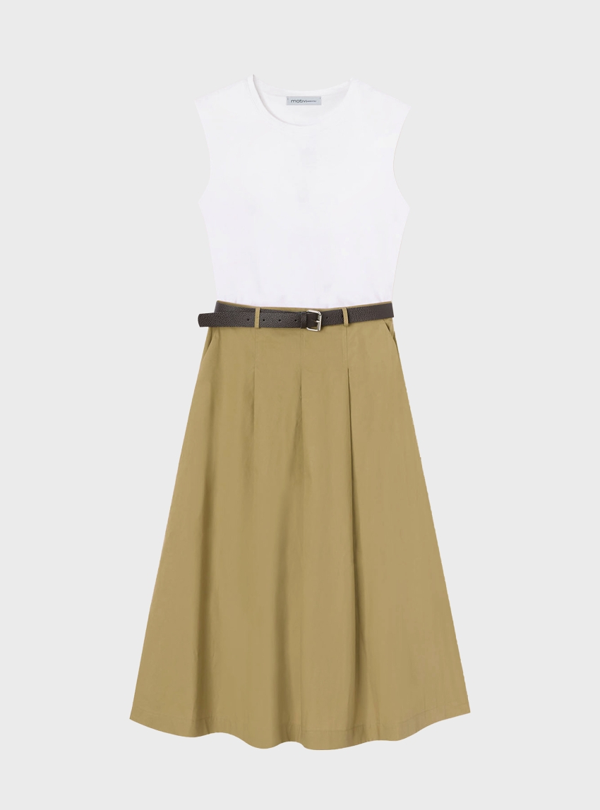 Motivi Midi dress with belt and poplin skirt - Beige