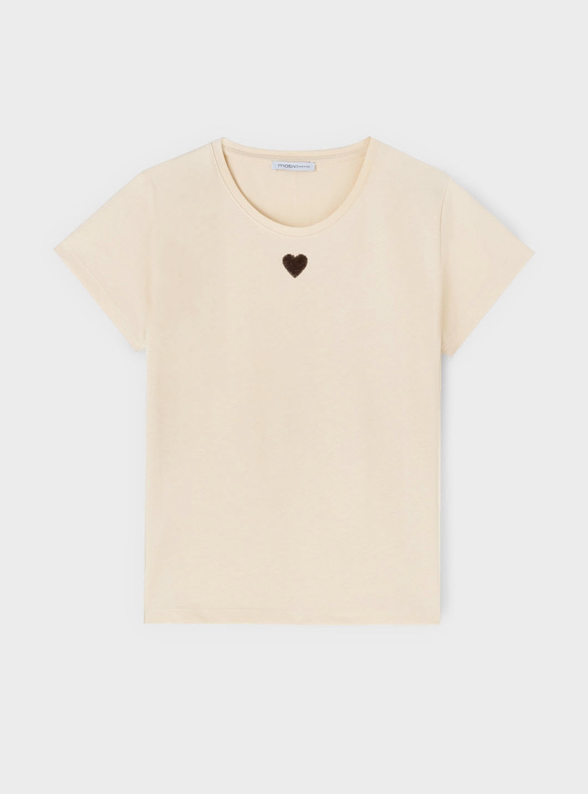 Motivi Jersey t-shirt with sequin heart - Light Beige