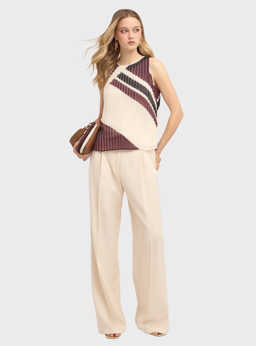 Motivi Wide-leg linen blend trousers with pleats - Ecru