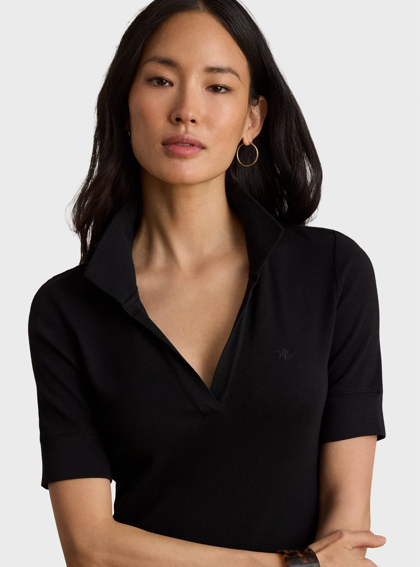 LAUREN Ralph Lauren Rib-Knit Elbow-Sleeve Polo Dress - Black