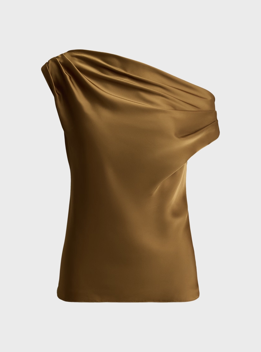 LAUREN Ralph Lauren Satin Charmeuse Off-The-Shoulder Blouse - Brick Brown