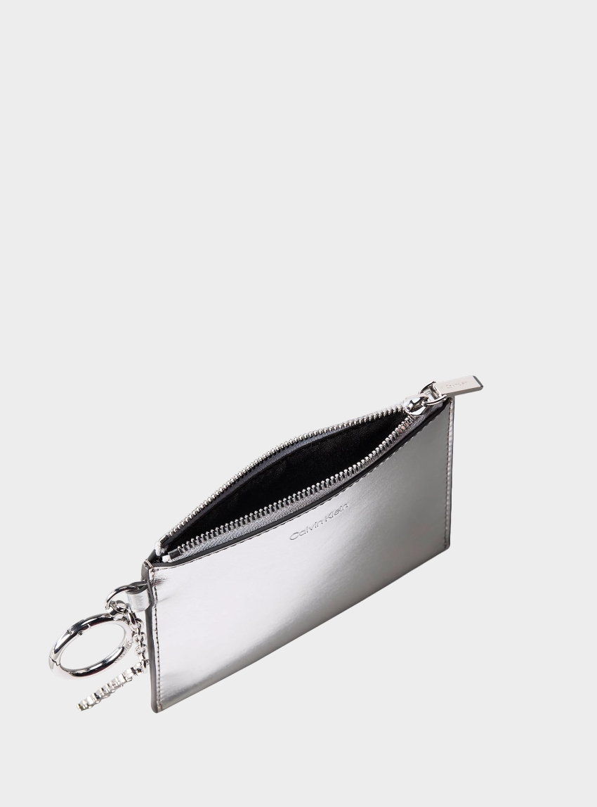 Calvin Klein Metallic Logo Zip Pouch Bag Charm - Silver