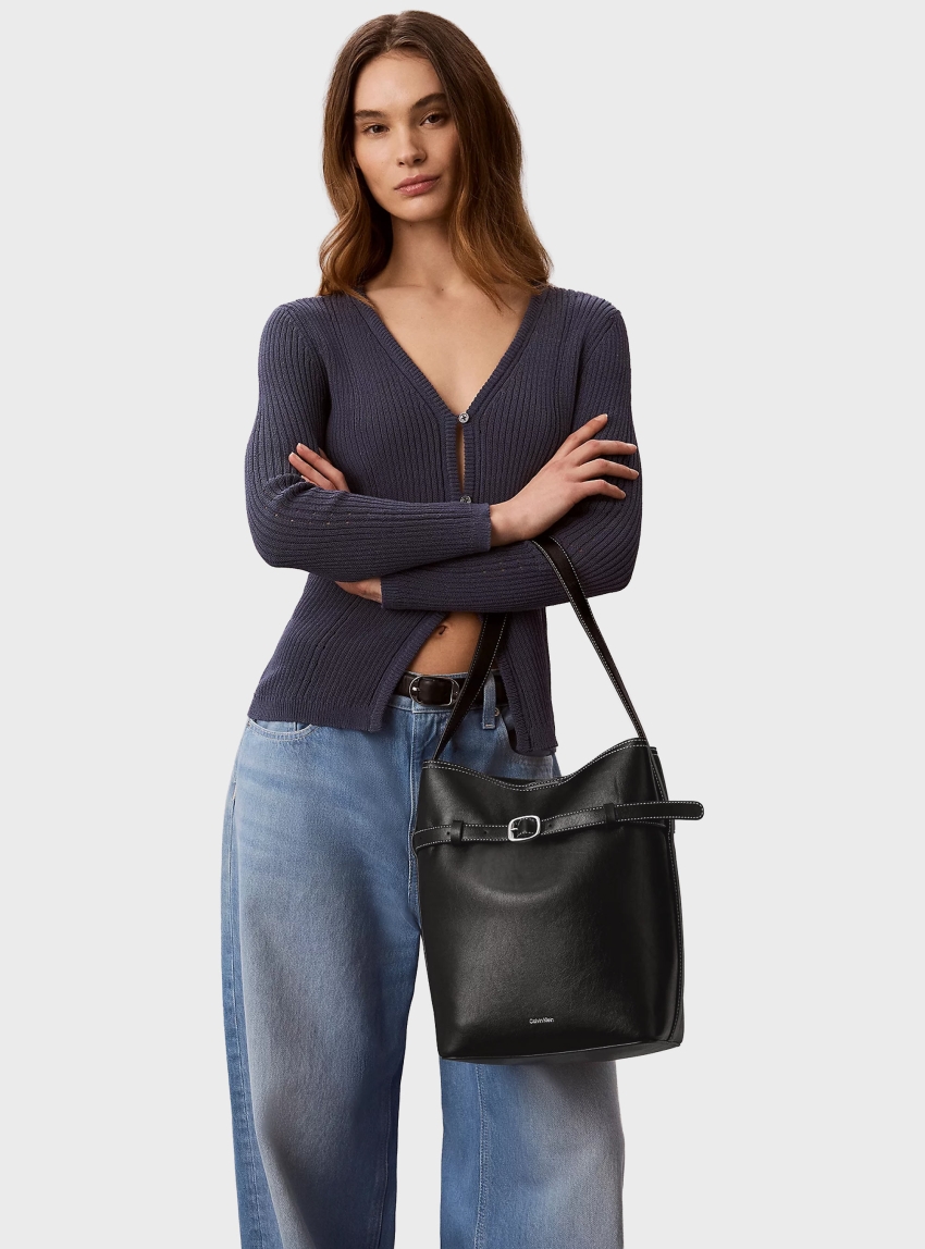 Calvin Klein Buckle Laptop Bucket Bag - Black