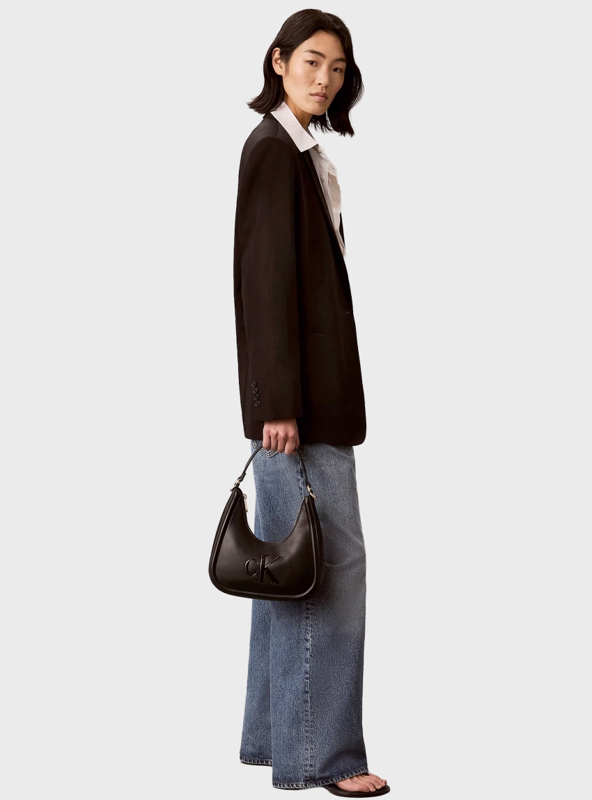 Calvin Klein Signature Monogram Crescent Shoulder Bag - Black