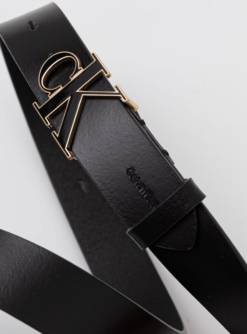 Calvin Klein Full-Grain Leather Logo Buckle Belt - Black