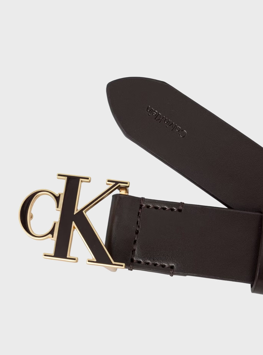 Calvin Klein Full-Grain Leather Logo Buckle Belt - Brown