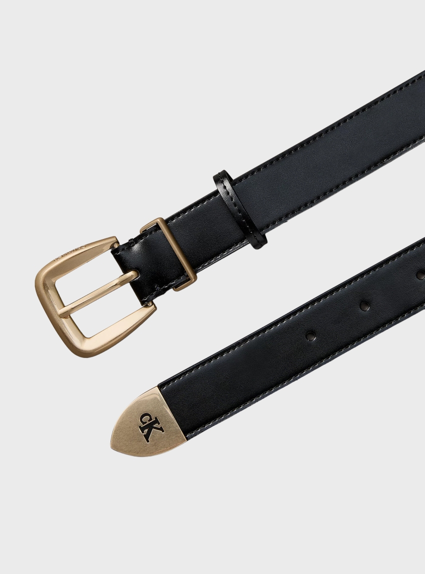 Calvin Klein Full-Grain Leather Tapered Monogram Belt - Black