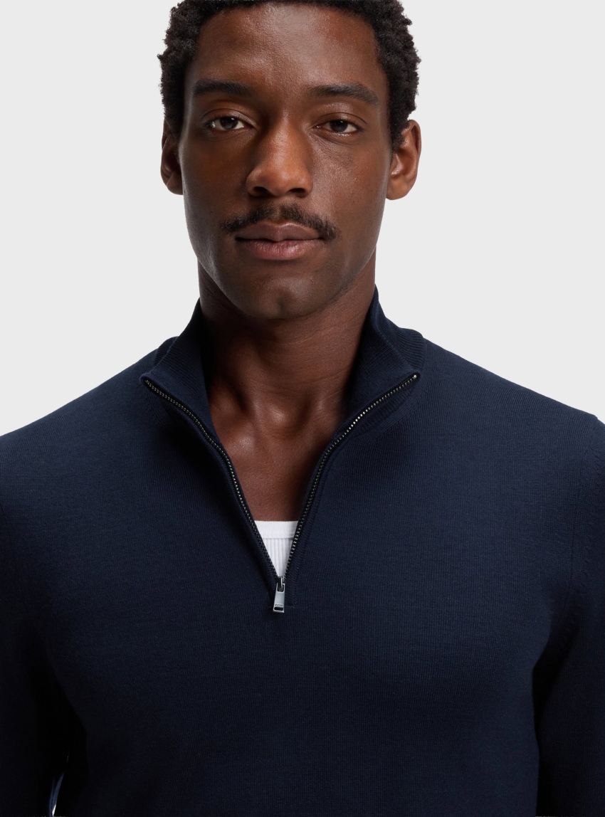 BOSS Merino-Wool Sweater With Zip Neck  H-Ebenji - Dark Blue