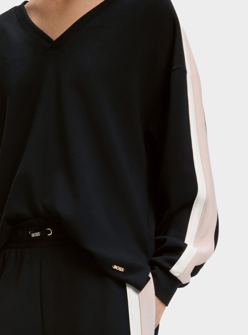 BOSS V-Neck Sweatshirt With Contrast Sleeve Stripes  TONE_Sweatshirt - Black