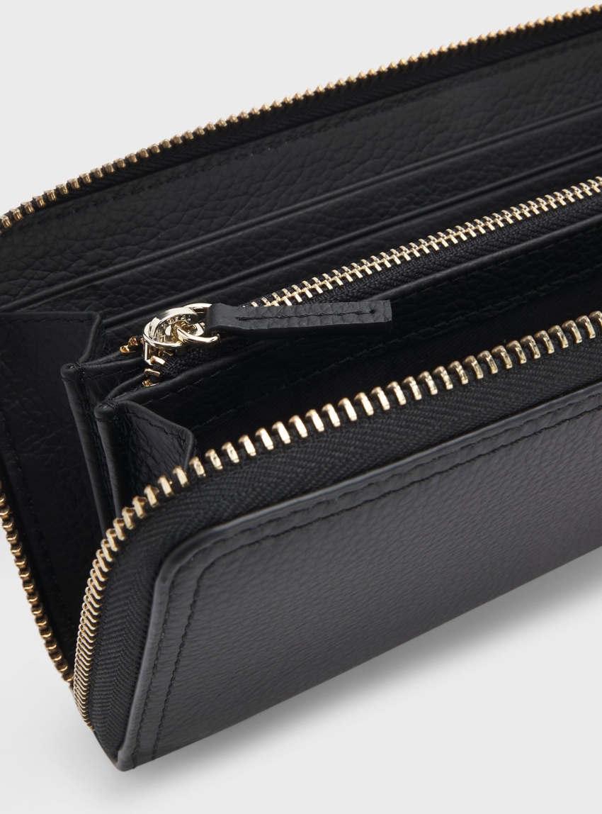 BOSS Ziparound Wallet In Grained Leather With Metallic Logo Lettering Lenah Ziparound - Black