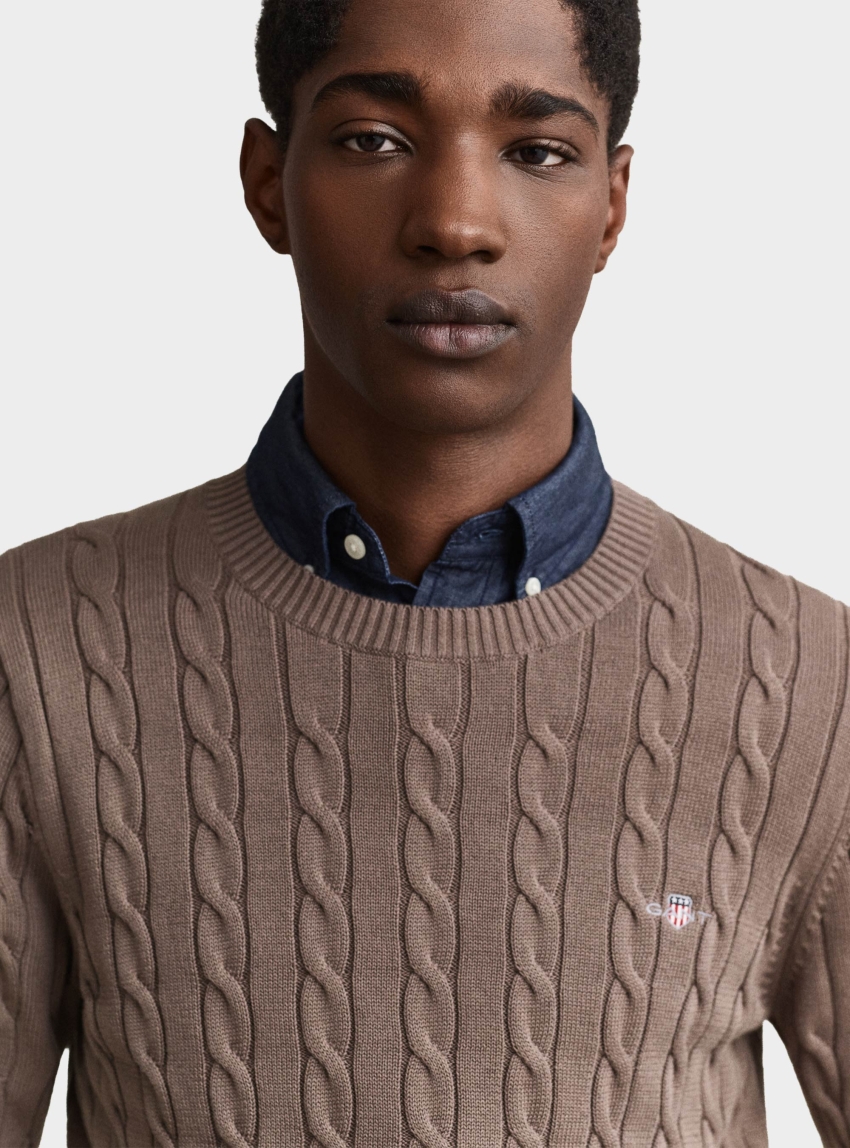 Gant Cotton Cable Knit Crew Neck Sweater - Taupe