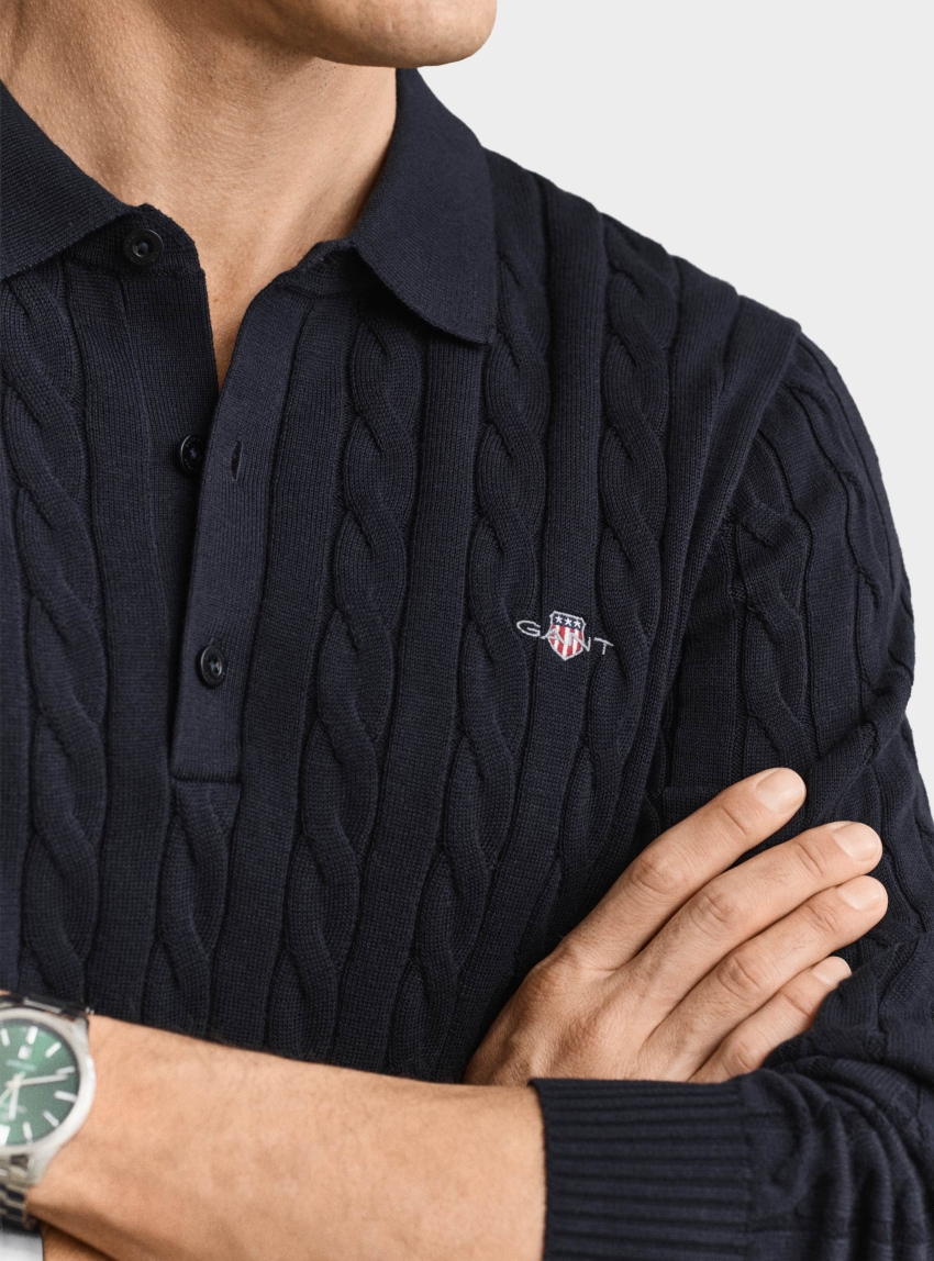 Gant Cotton Cable Knit Polo Sweater - Dark Blue