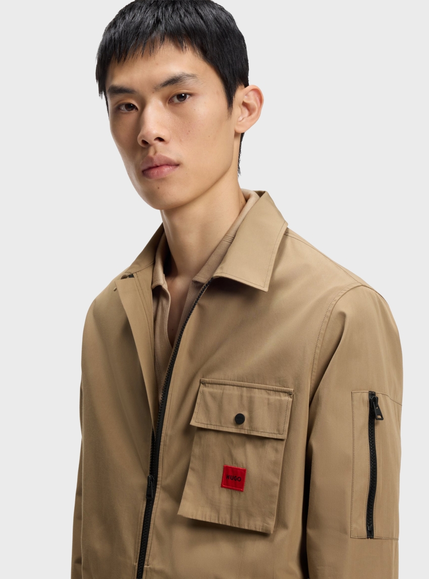 HUGO Zip-Up Cotton-Blend Canvas Overshirt With Logo Label  Emmond - Beige
