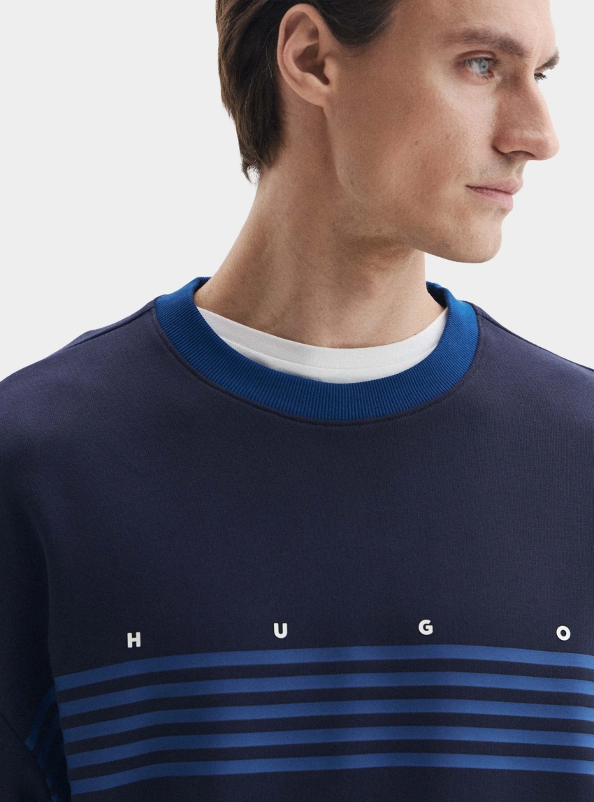 HUGO Relaxed-Fit Sweatshirt In Cotton Terry With Printed Stripes Demso - Dark Blue