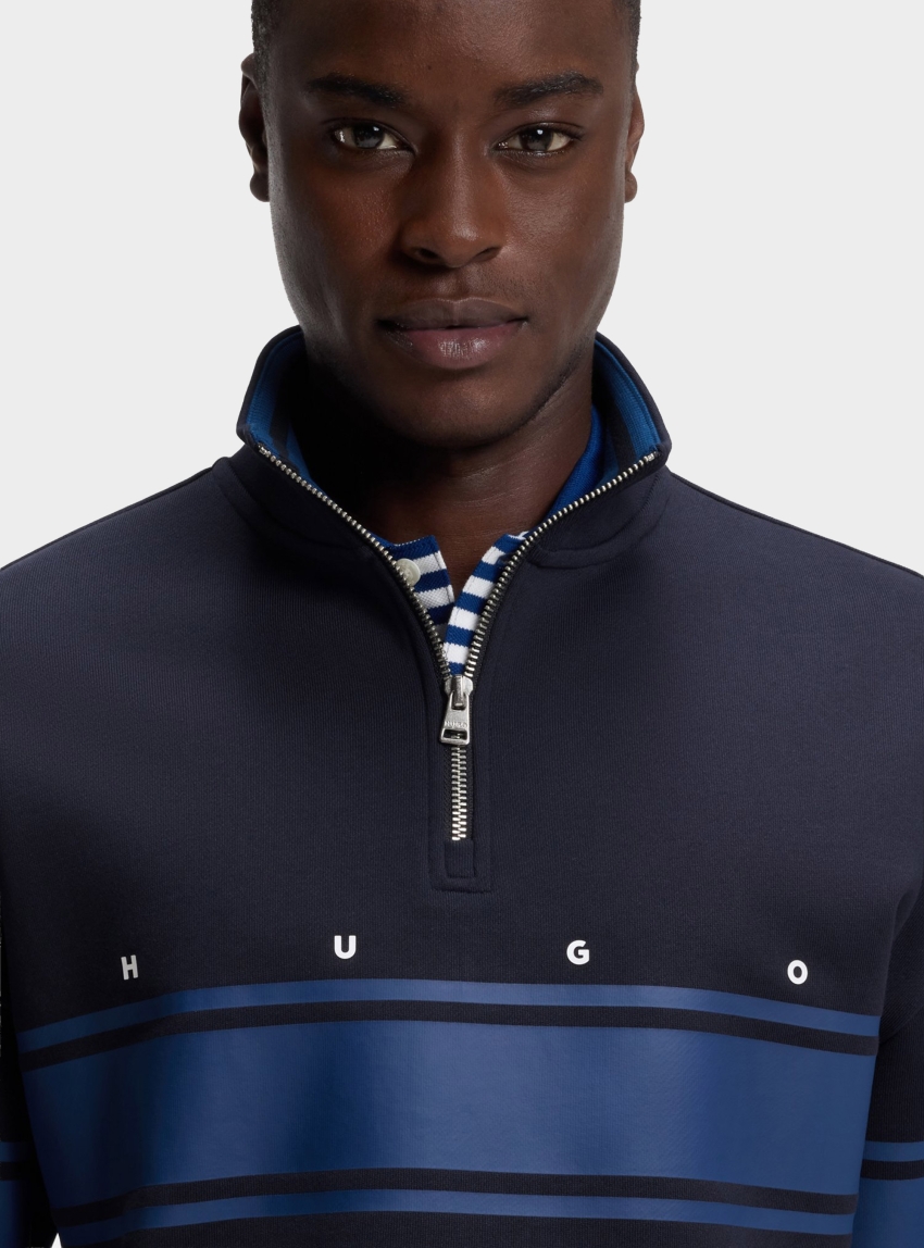 HUGO Zip-Neck Cotton Sweatshirt With Printed Stripes Demsizip - Dark Blue