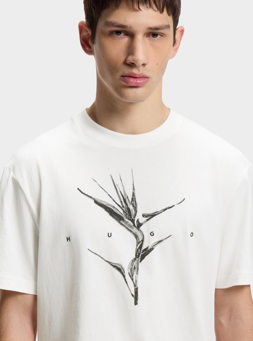 HUGO Relaxed-Fit T-Shirt In Cotton With Artwork And Logo  Darise - White