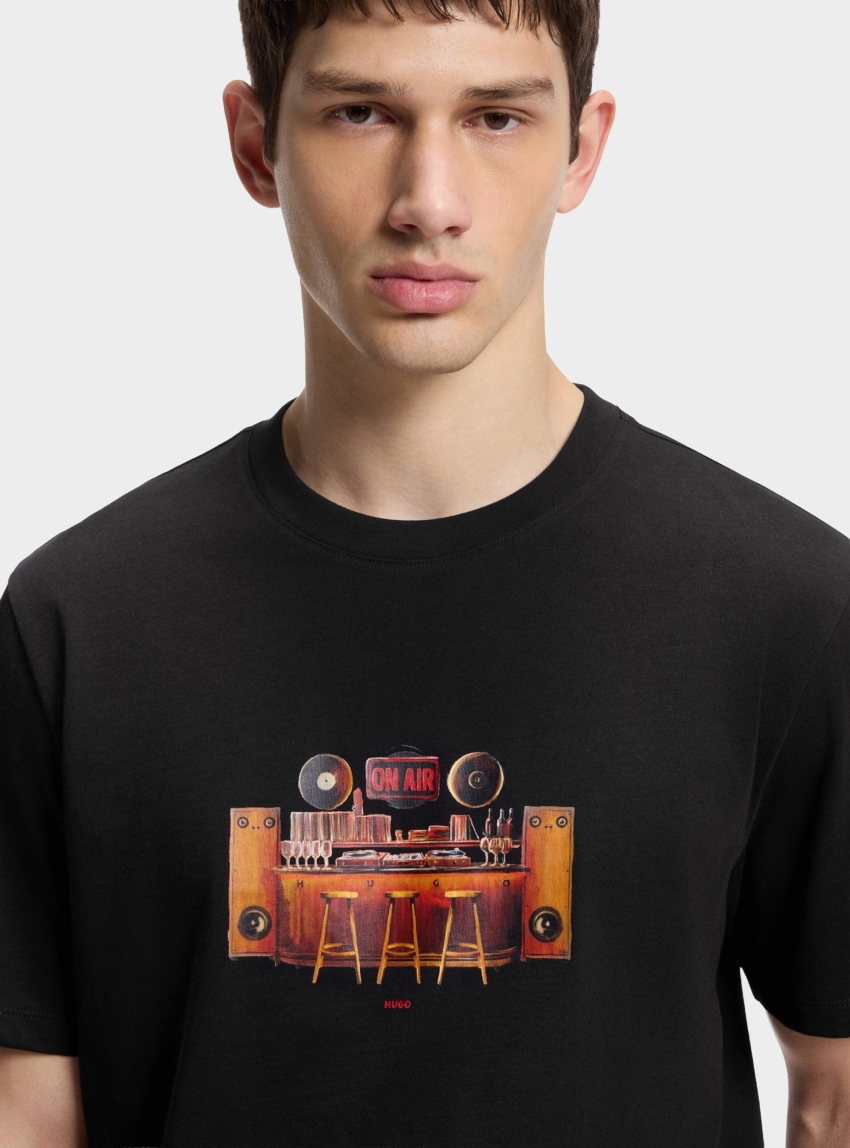HUGO Cotton-Jersey T-Shirt With Printed Artwork  Durectee - Black