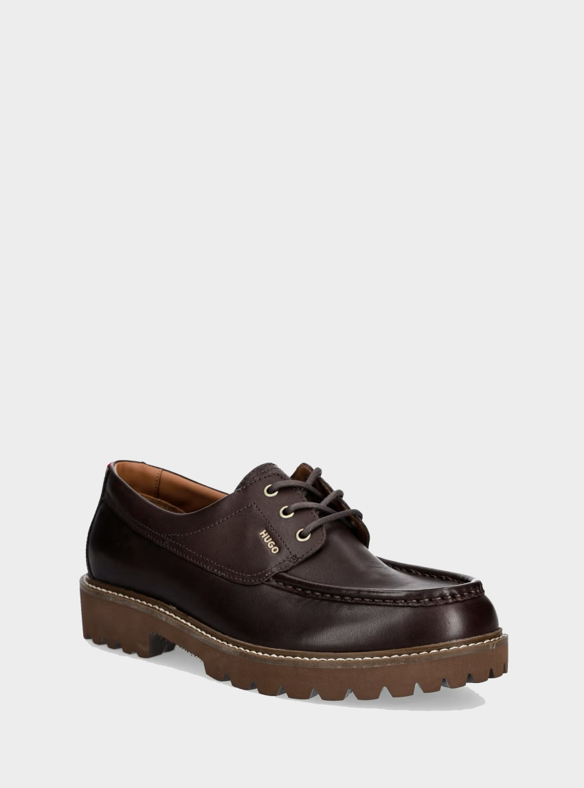 HUGO Informal Moccasin-Inspired Derby Shoes In Tumbled Leather  Draven_derb_pley_BP - Dark Brown
