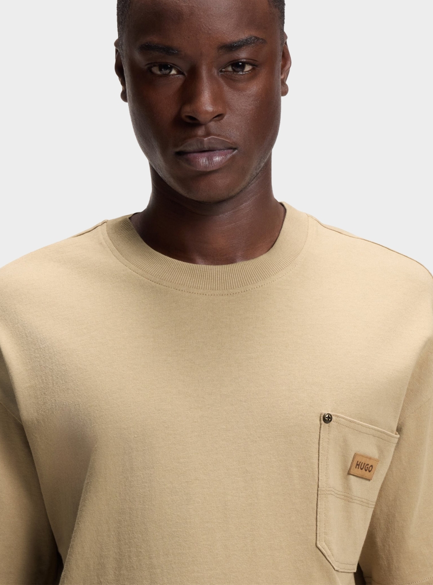 HUGO Loose-Fit T-Shirt In Cotton With Suede Logo Badge Nevado - Beige