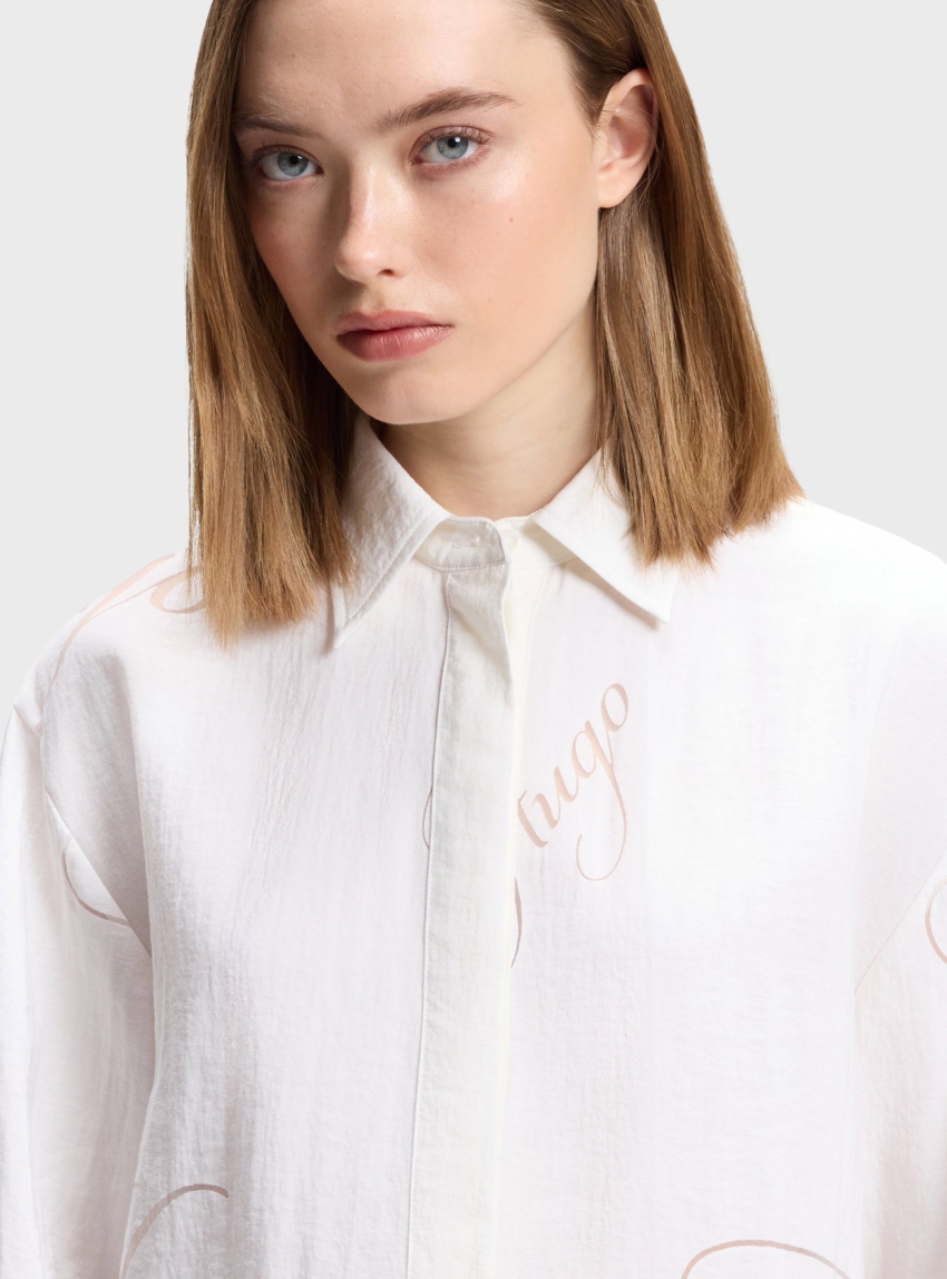 HUGO Oversized-Fit Shirt With Burnout Logo Print  Echinacea - White