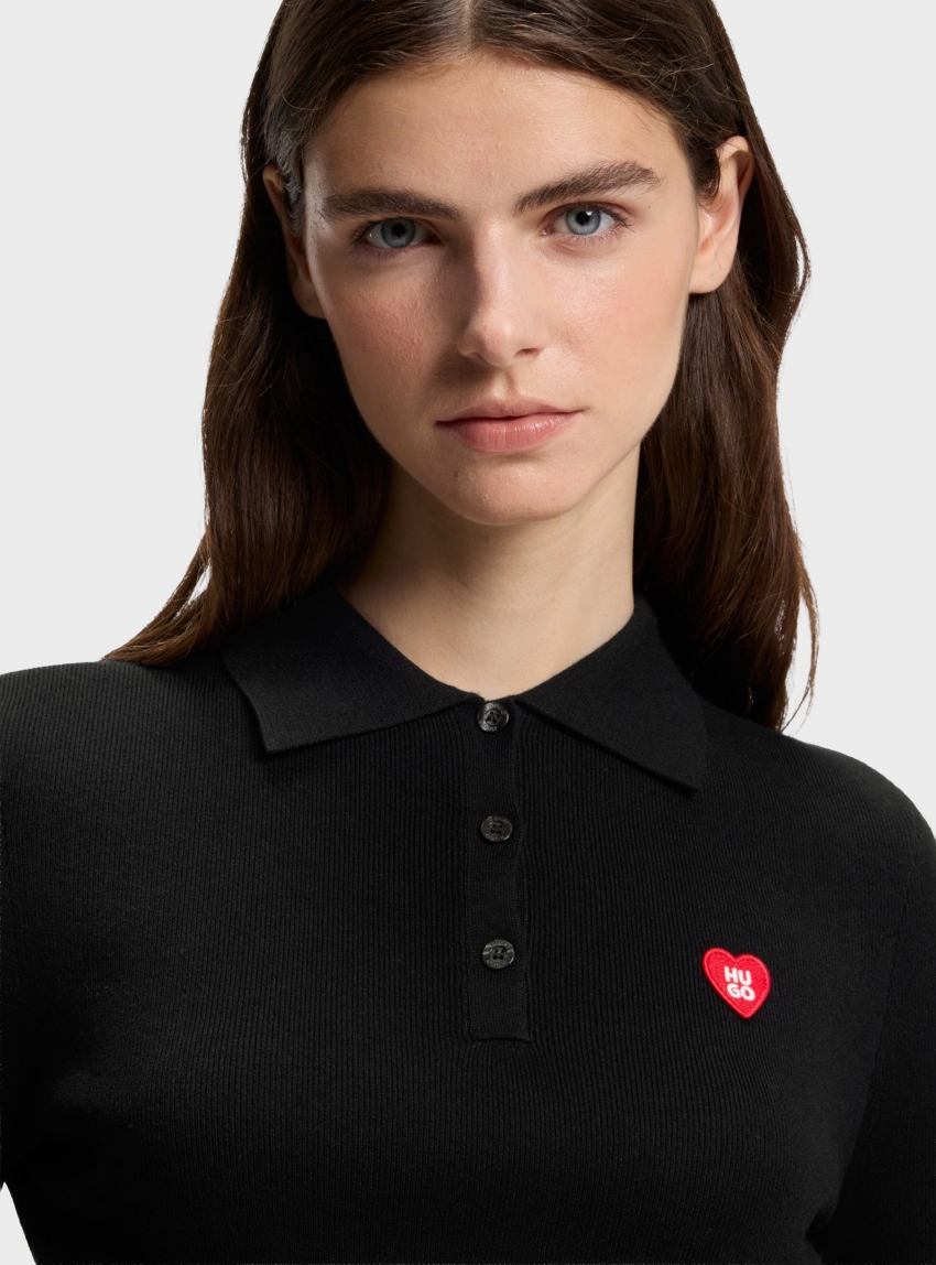 HUGO Slim-Fit Sweater In Ribbed Crepe With Polo Collar Sareplinny - Black