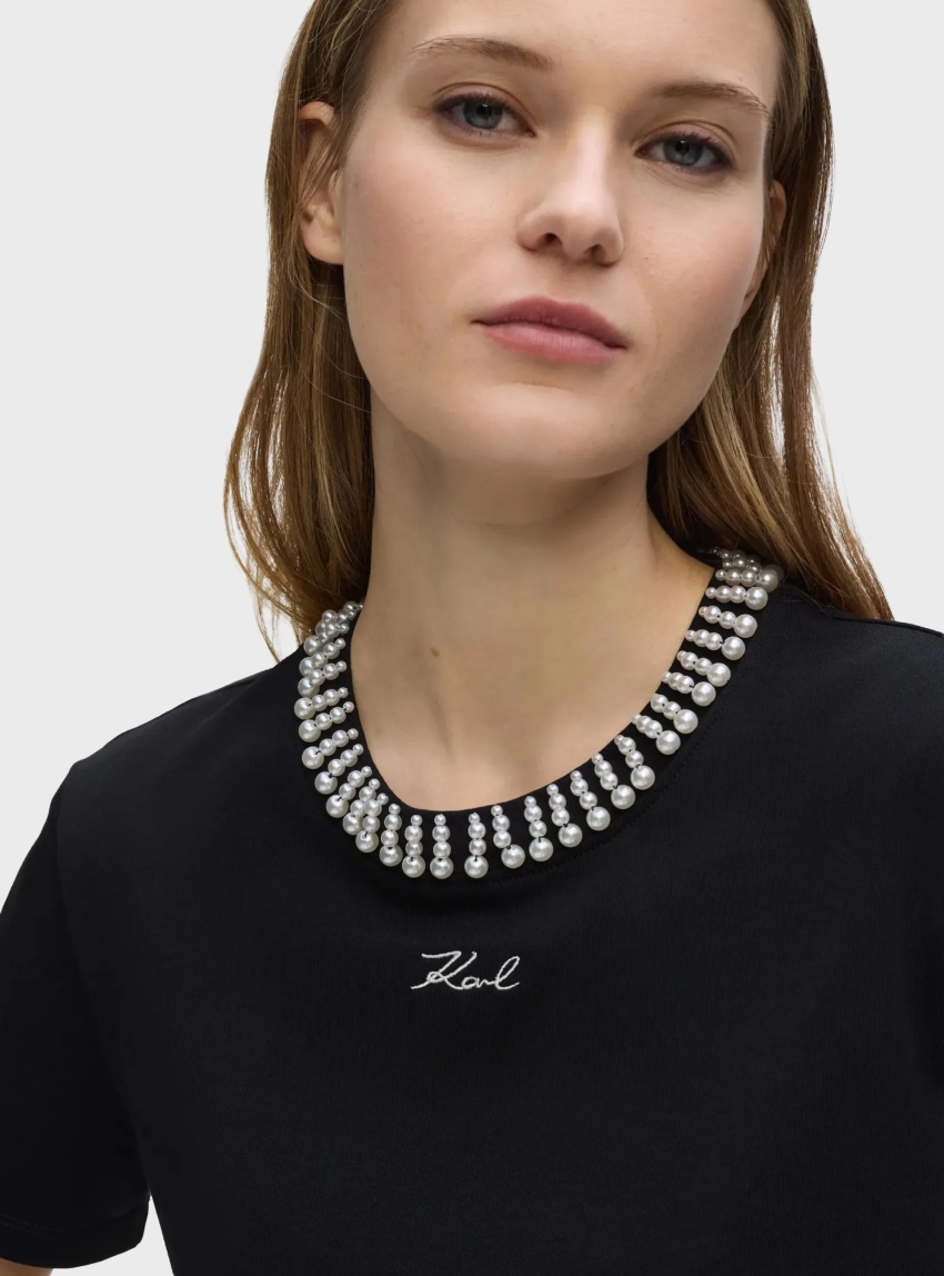 Karl Lagerfeld Pearl Detail T-Shirt - Black