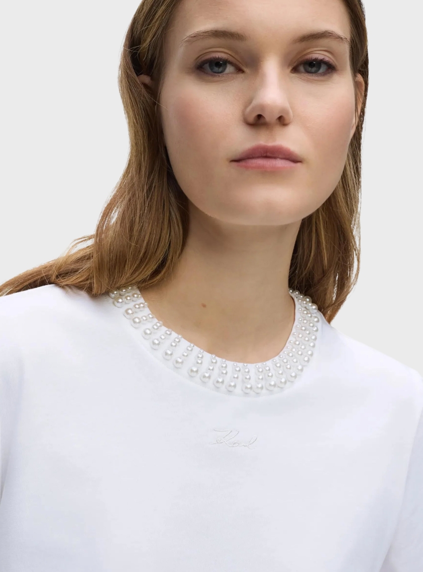 Karl Lagerfeld Pearl Detail T-Shirt - White