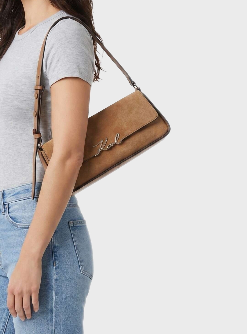 Karl Lagerfeld K/Signature Suede Shoulder Bag - Camel