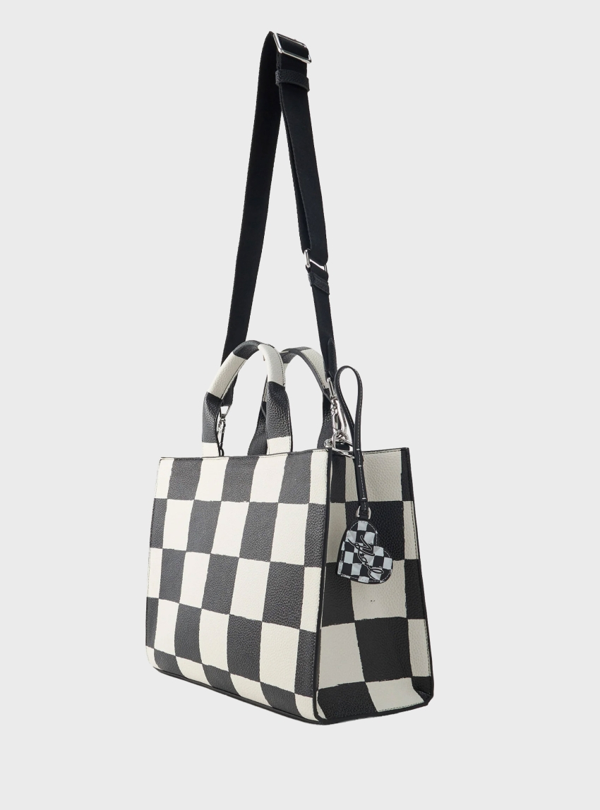Karl Lagerfeld Rue St-Guillaume Square Medium Checked Tote Bag - Black & White