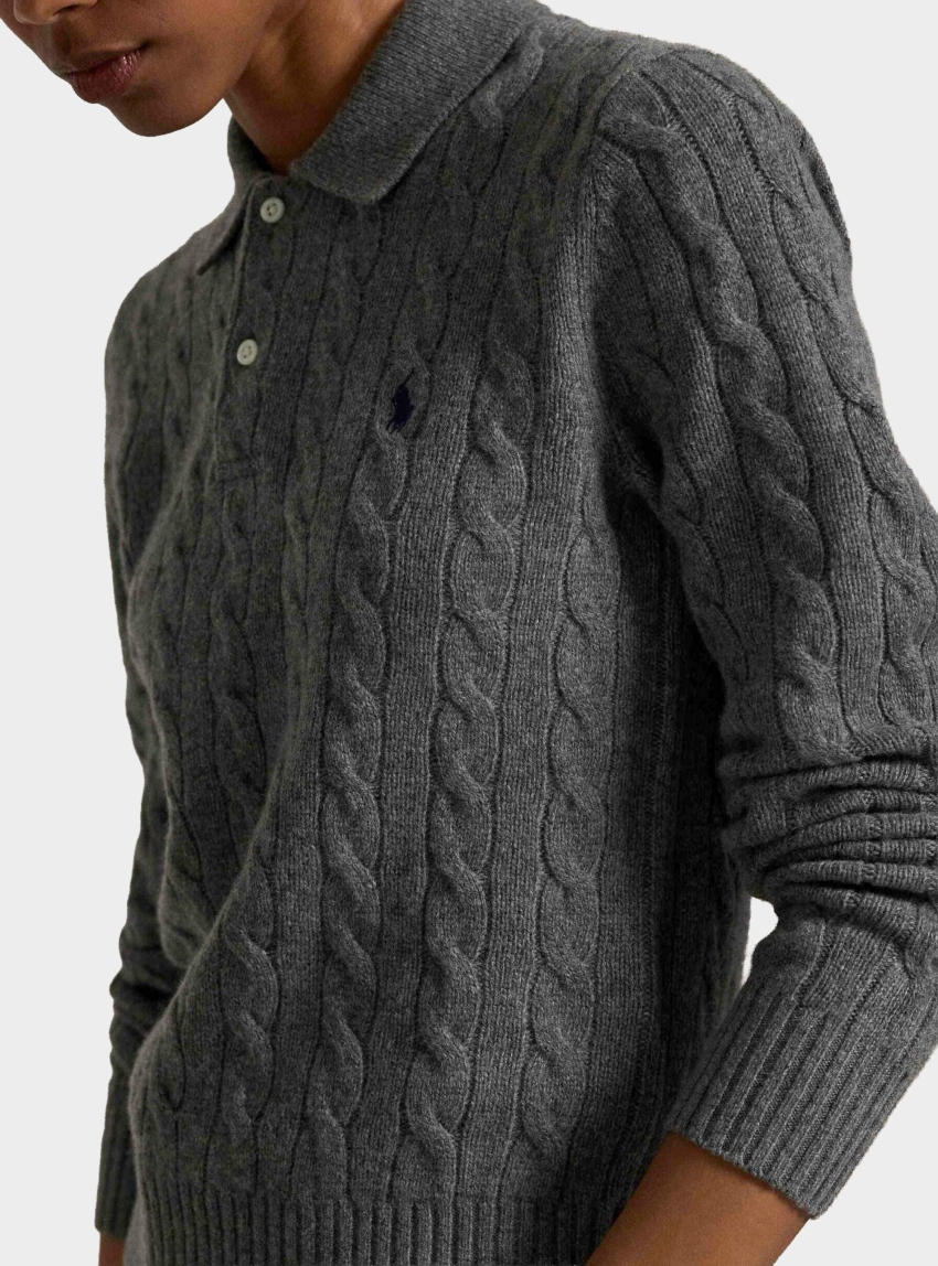 Polo Ralph Lauren Cable-Knit Wool/Cashmere Polo Jumper - Grey Melange