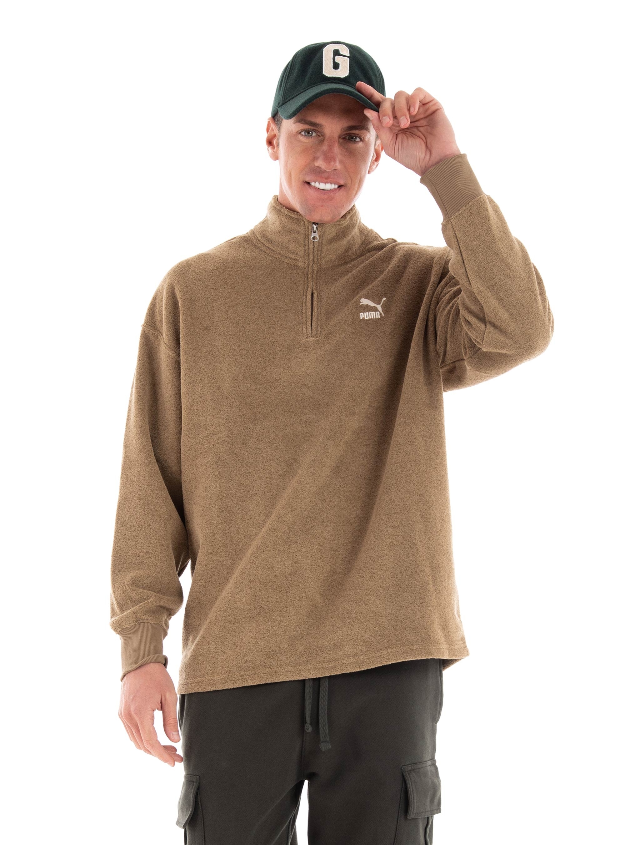 Puma Fleece Quarter-Zip Sweater - Dark Beige
