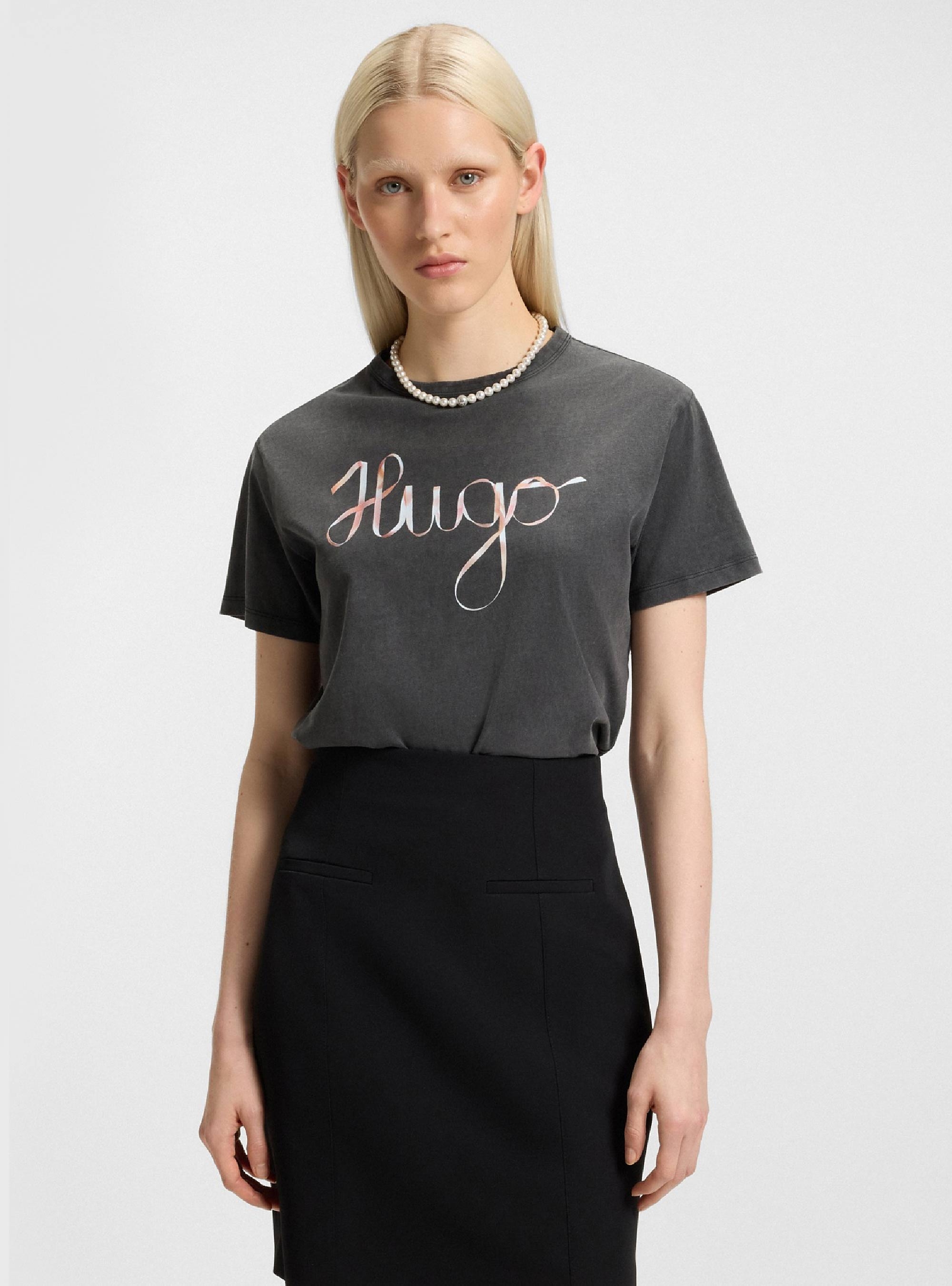 HUGO Cotton-Jersey T-Shirt With Logo Artwork Damacia_5 - Washed Black